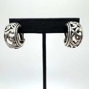 Silpada Sterling Silver Hoop Earrings Clip On Oxidized Scroll Work Vintage .875"